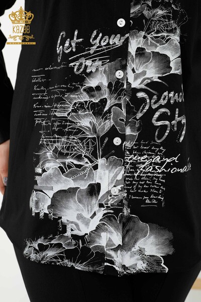 قميص نسائي بالجملة - مزين بالزهور - أسود - 20351 | كازي - Thumbnail