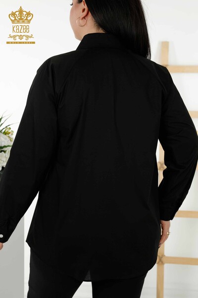 قميص نسائي بالجملة - مزين بالزهور - أسود - 20351 | كازي - Thumbnail