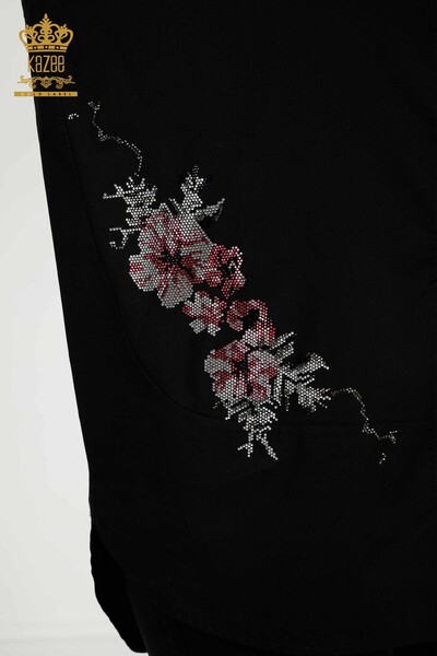 قميص نسائي بالجملة - مزين بالزهور - أسود - 20439 | كازي - Thumbnail