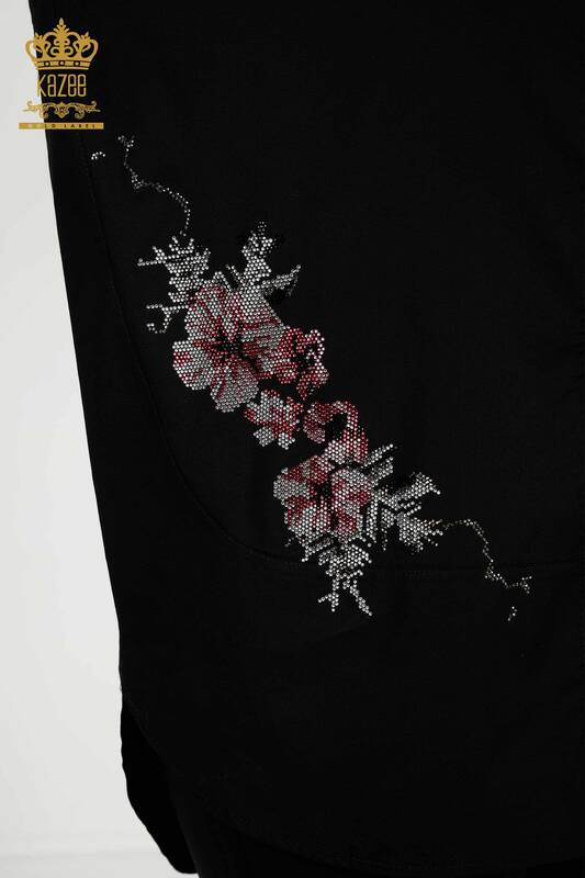 قميص نسائي بالجملة - مزين بالزهور - أسود - 20439 | كازي
