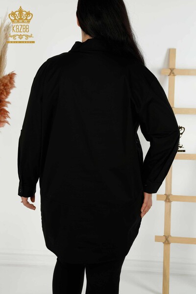 قميص نسائي بالجملة - مزين بالزهور - أسود - 20439 | كازي - Thumbnail