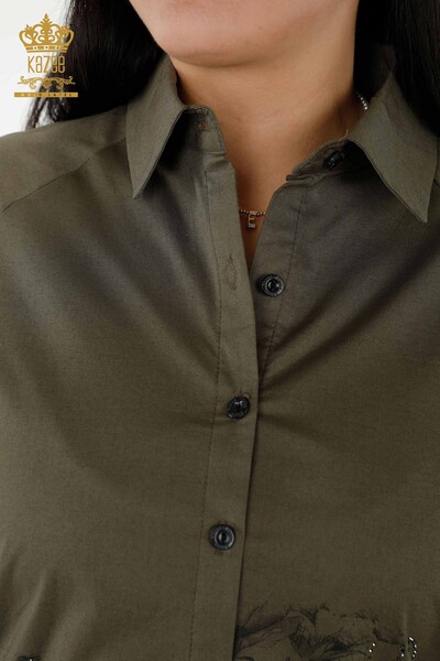 قميص نسائي بالجملة - مزين بالزهور - كاكي - 20351 | كازي - Thumbnail