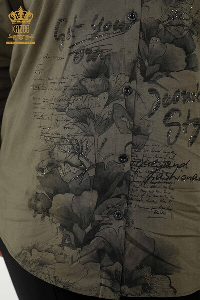 قميص نسائي بالجملة - مزين بالزهور - كاكي - 20351 | كازي - Thumbnail