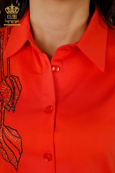 قميص نسائي بنقشة ورود - برتقالي - 20297 | كازي - Thumbnail