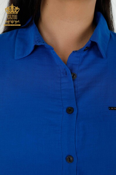 قميص نسائي بالجملة - كم - مفصل بأزرار - ساكس - 20403 | كازي - Thumbnail