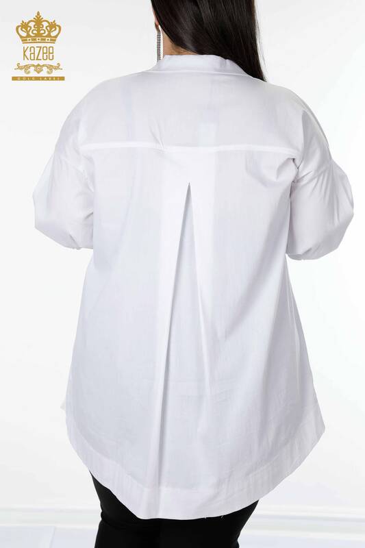 قميص نسائي بالجملة منقوش باللون الأبيض بجيب - 20197 | كازي