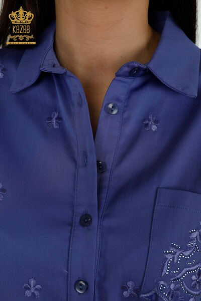قميص نسائي بالجملة - نقش زهور - جيب - ليلكي - 20412 | كازي - Thumbnail