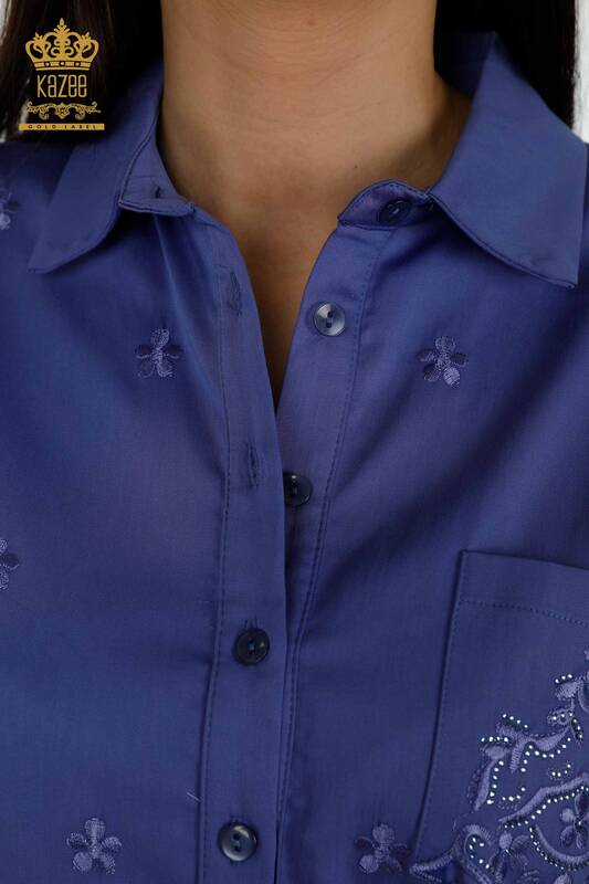 قميص نسائي بالجملة - نقش زهور - جيب - ليلكي - 20412 | كازي