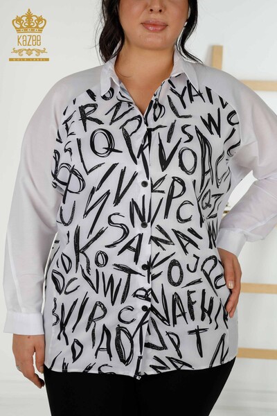 قميص نسائي بالجملة - مطرز بالحجر - أبيض - 20088 | كازي - Thumbnail