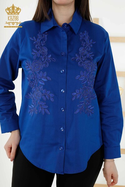 قميص نسائي - بنمط مورد - أزرق غامق - 20249 | كازي - Thumbnail