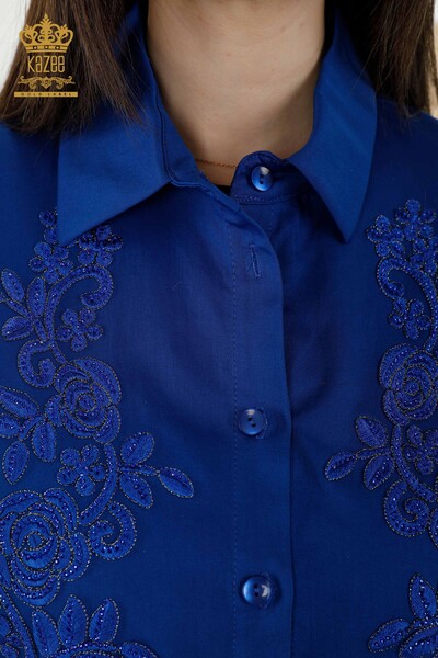 قميص نسائي - بنمط مورد - أزرق غامق - 20249 | كازي - Thumbnail