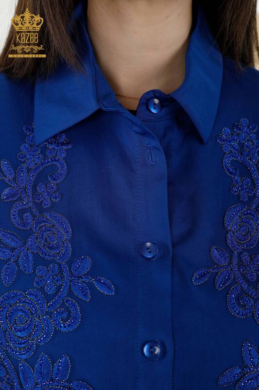 قميص نسائي - بنمط مورد - أزرق غامق - 20249 | كازي