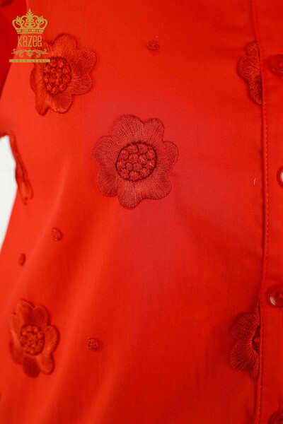 قميص نسائي بالجملة - مطرز بالورود - برتقالي - 20394 | كازي - Thumbnail
