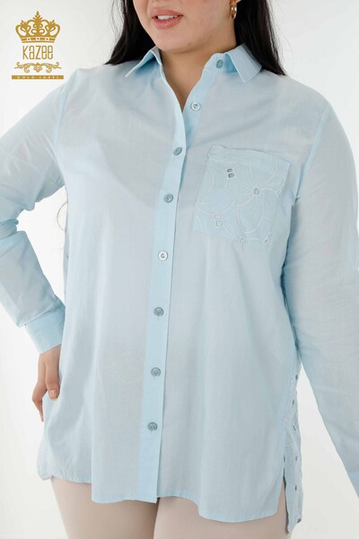قميص نسائي بالجملة - مزين بالدانتيل - أزرق - 20319 | كازي - Thumbnail