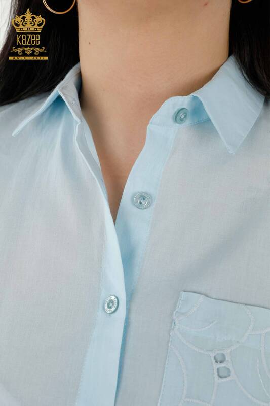 قميص نسائي بالجملة - مزين بالدانتيل - أزرق - 20319 | كازي