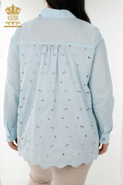 قميص نسائي بالجملة - مزين بالدانتيل - أزرق - 20319 | كازي - Thumbnail