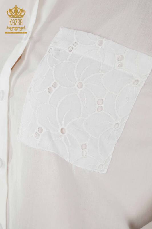 قميص نسائي دانتيل مفصل باللون الأبيض - 20319 | kazee