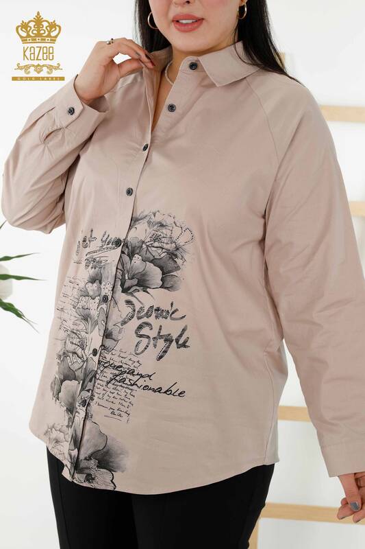 قميص نسائي بالجملة - نقش زهور - بني مينك - 20351 | كازي