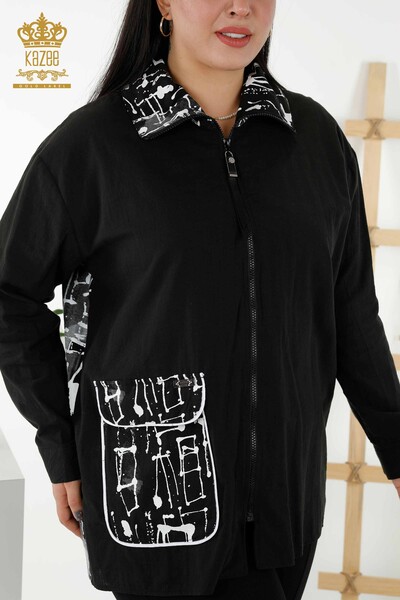 قمصان حريمي بالجملة - بسحاب - جيوب - أسود - 20315 | كازي - Thumbnail