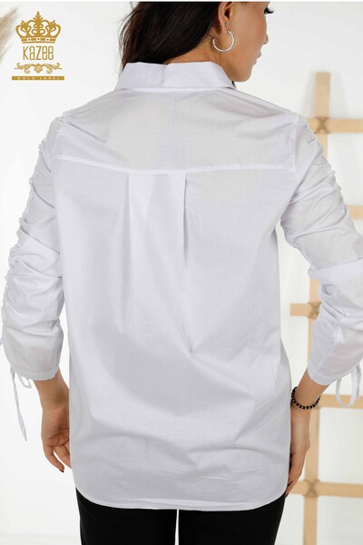 كم قميص نسائي بالجملة - مزين بكشكش - أبيض - 20322 | كازي - Thumbnail