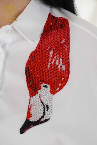 قميص نسائي بالجملة - فلامنجو مفصل - أبيض - 20375 | كازي - Thumbnail