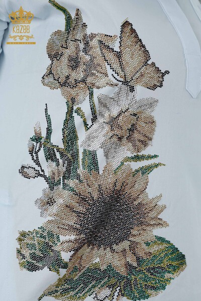 قميص نسائي بالجملة مطرز بالزهور مزين بالزهور من القطن الحجري - 20128 | كازي - Thumbnail
