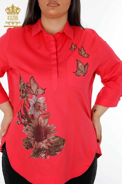 قميص نسائي بالجملة مطرز بالزهور مزين بالزهور من القطن الحجري - 20128 | كازي - Thumbnail