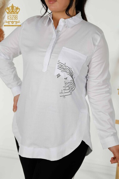 قميص نسائي بالجملة - منقوش - أبيض - 20102 | كازي - Thumbnail