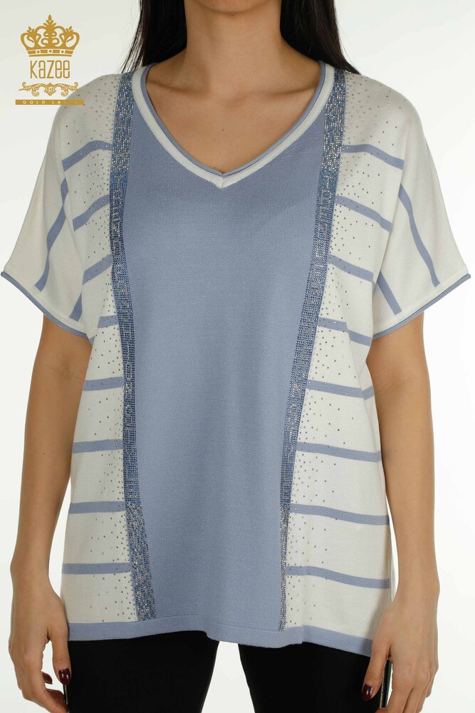 الجملة سترة نسائية تريكو مخططة زرقاء - 30699 | كازي - 2