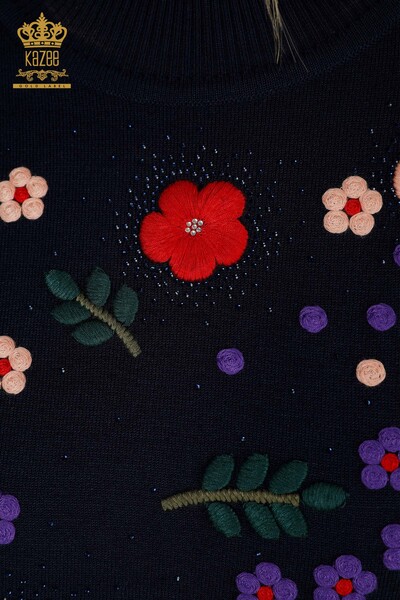 الجملة المرأة سترة تريكو الأزهار التطريز الأزرق الداكن - 16760 | كازي - Thumbnail