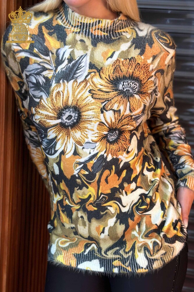 الجملة المرأة سترة تريكو الأنجورا الياقة العالية الزعفران - 18950 | كازي - 2