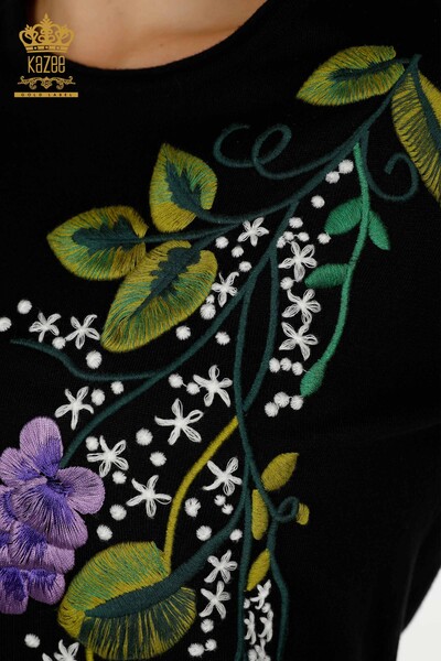 سترة تريكو نسائية بالجملة باللون الأسود مع تطريز زهرة ملونة - 16934 | كازي - Thumbnail