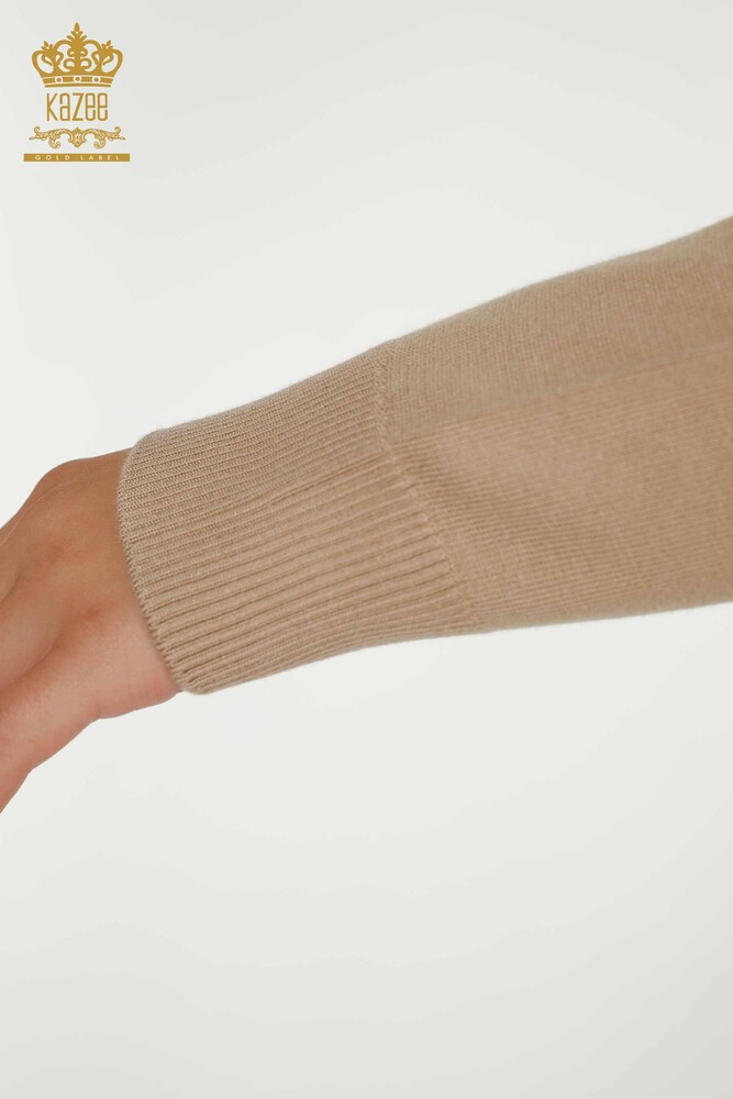 الجملة سترة تريكو نسائية بياقة دائرية بيج - 30027 | كازي - 6