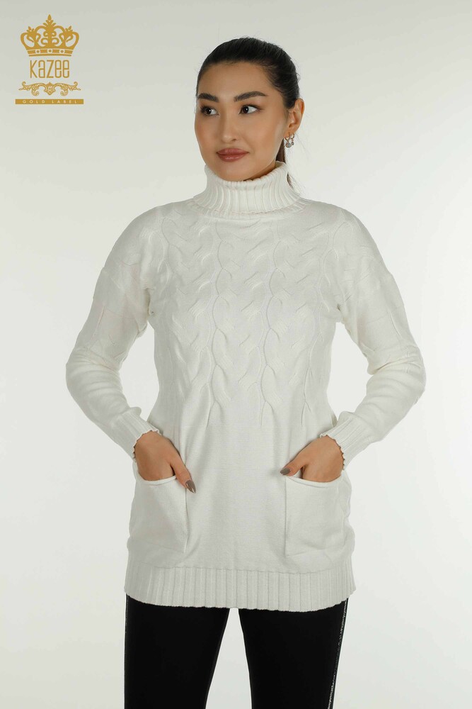 الجملة المرأة سترة تريكو الياقة المدورة إكرو - 30231 | كازي - 1