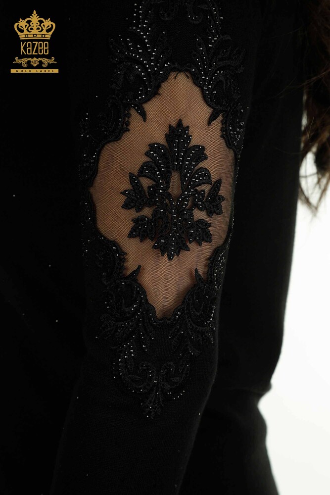 سترة تريكو نسائية مطرزة باللون الأسود بالجملة - 30892 | كازي - 5