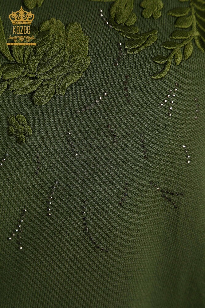 سترة تريكو نسائية بالجملة زهرة مطرزة كاكي - 16849 | كازي - 3