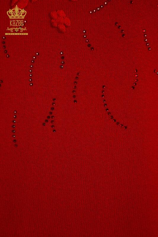 الجملة سترة تريكو نسائية حمراء مع تطريز زهرة - 16849 | كازي