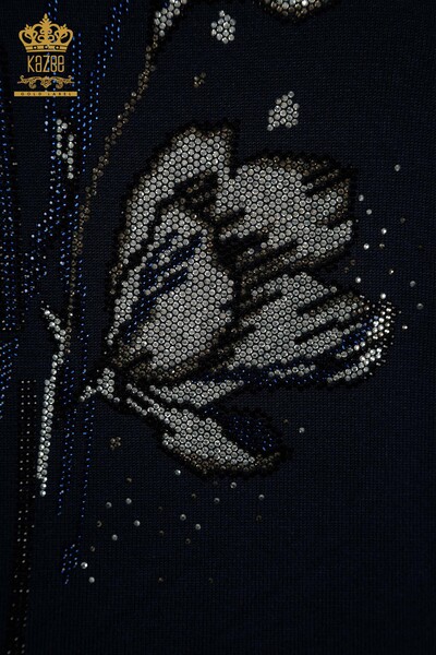 الجملة المرأة سترة تريكو الأزهار منقوشة الأزرق الداكن - 30656 | كازي - Thumbnail