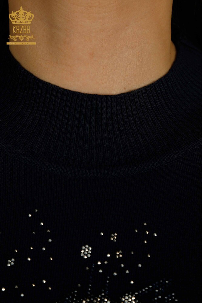 الجملة المرأة سترة تريكو الأزهار منقوشة الأزرق الداكن - 30656 | كازي - 4