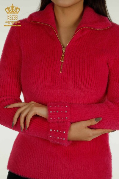 ملابس تريكو نسائية بالجملة أنجورا ستون مطرز فوشيا - 30769 | كازي - Thumbnail
