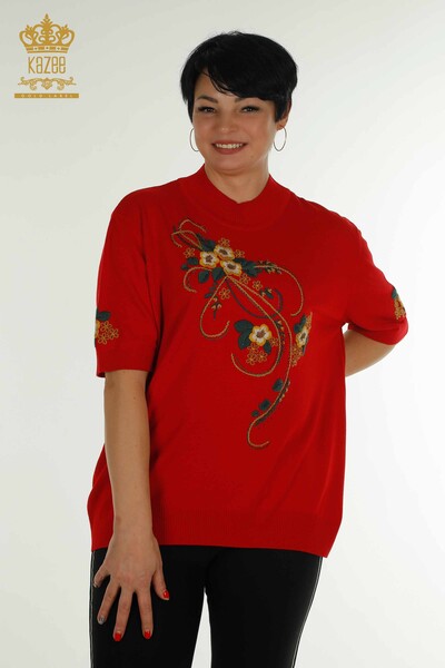ملابس تريكو نسائية بالجملة منقوشة بالورود باللون الأحمر - 16811 | كازي - Thumbnail
