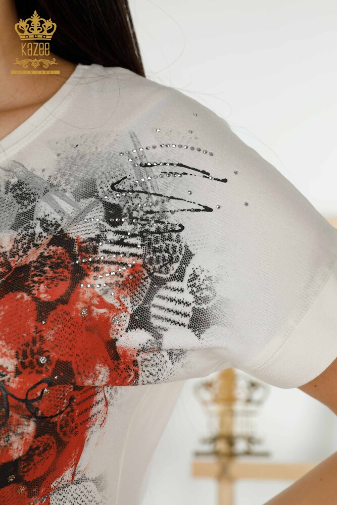 بلوزة نسائية بالجملة - مطرز بالأحجار - بيج فاتح - 79115 | كازي - 4