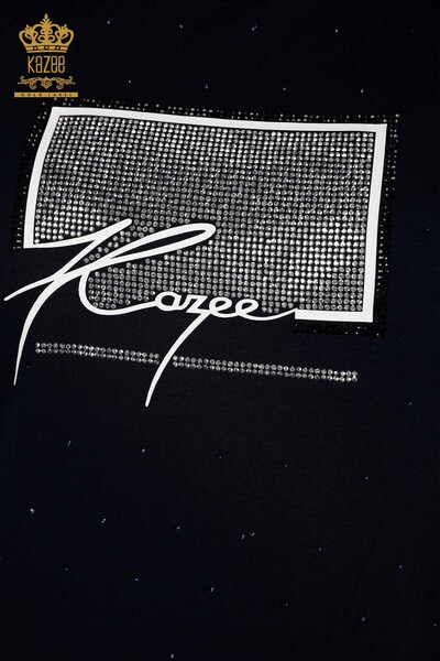 بلوزة نسائية بالجملة مطرزة بأحجار الكريستال أزرق كحلي - 79389 | كازي - 3