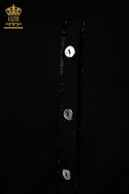 Commercio all'ingrosso pulsante della camicetta delle donne nero dettagliato - 79297 | KAZEE