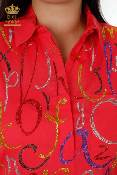 Camicie da donna all'ingrosso Motivo lettera Corallo - 20123 | KAZEE - Thumbnail