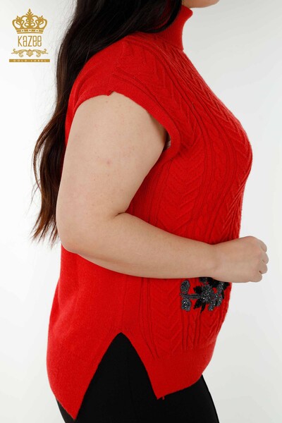 Maglione senza maniche da donna all'ingrosso - Motivo floreale - Rosso - 30179 | KAZEE - Thumbnail