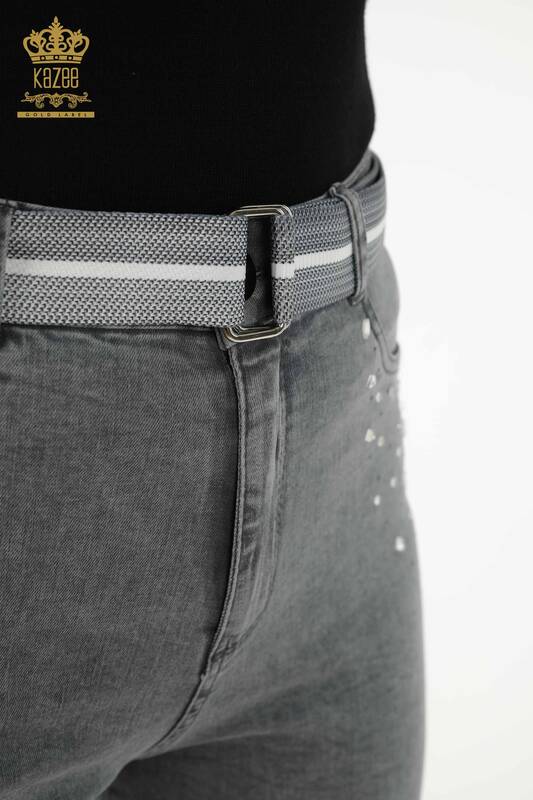 Jeans da donna all'ingrosso grigio pietra ricamata - 3688 | KAZEE