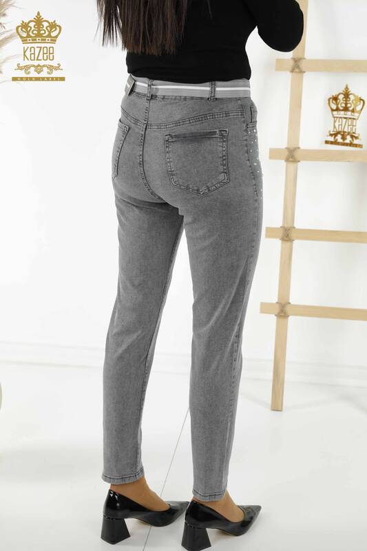 Jeans da donna all'ingrosso grigio pietra ricamata - 3688 | KAZEE