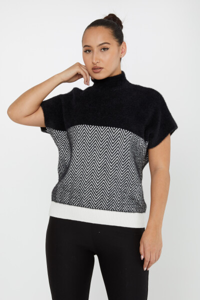 Angora Knitwear Kolorowy wzór Krótki rękaw Czarny - 30187 | KAZEE (zestaw 3 sztuk S-M-L) 