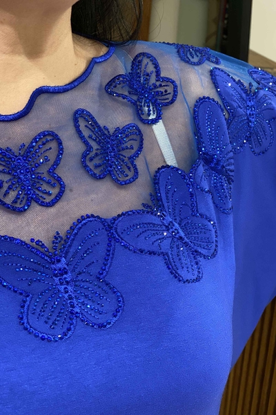 Bluză de damă cu ridicata model fluture cu detaliu din tul - 77514 | Kazee - Thumbnail